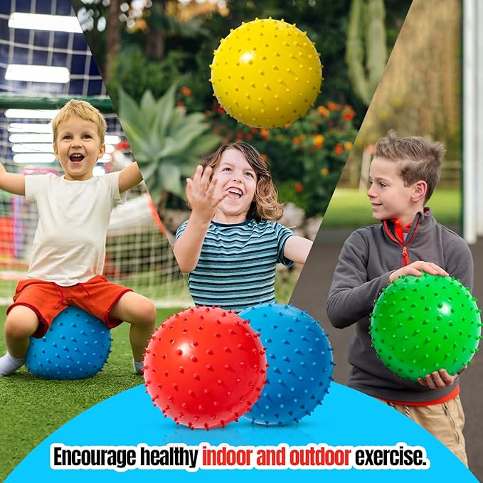 New Bounce Knobby Balls Set for Kids – Set of 4 Bumpy 8.5" Sensory Inflatable Balls with Pump – Textured Toys for Toddlers, Therapy, Outdoor Play, Party Favors & Dog Toys