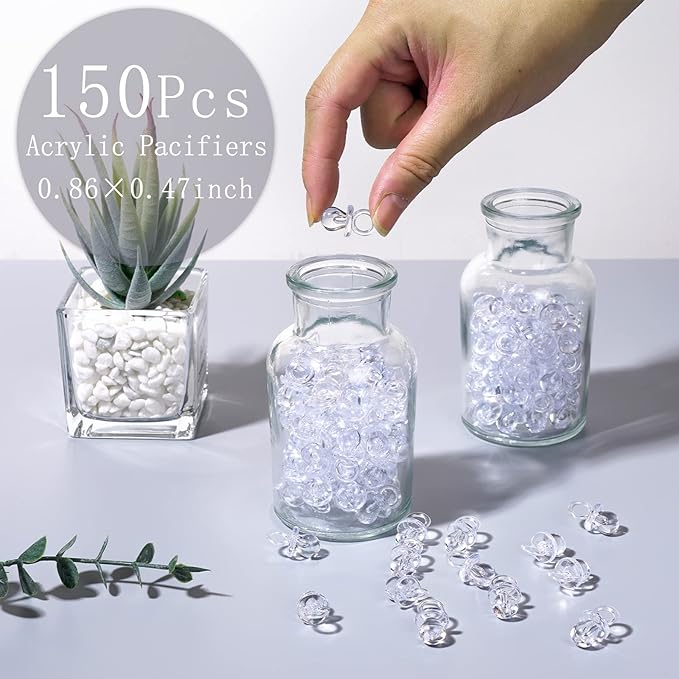 XINHUIDALSQ 150 Mini Acrylic Pacifiers for Baby Shower Girl Game, 0.86 Inch Bulk Chupones para Gender Reveal Party Favors Table Decoration (Clear)