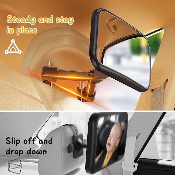 Car Mirror for Baby, Safety Car Seat Mirror for Baby Rear Facing with Clear Vision, Upgraded Hook Clip Design, 360 Rotation, Wide Crystal View, Shatterproof Crash Tested and Certified