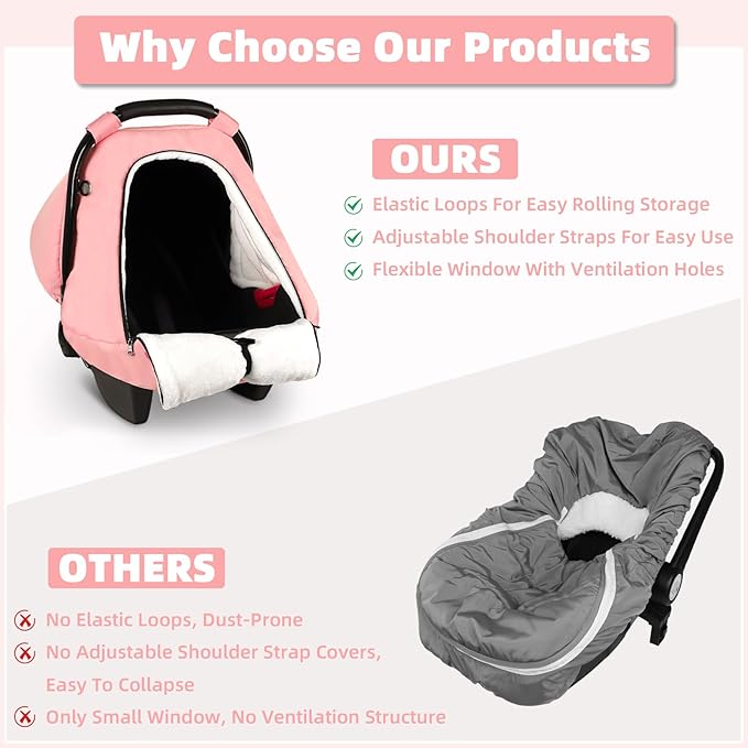 SWESEN Winter Car Seat Covers for Babies, Cozy & Warm Cover, Infant Car Seat Canopy Water Resistant, Universal Cold Weather Shield, Pink