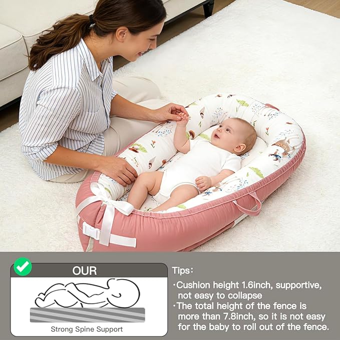 Baby Lounger | Organic Cotton Infant Support Cushion | Reversible, Adjustable & Portable Floor Cushion | Soft, Breathable, Washable Cover