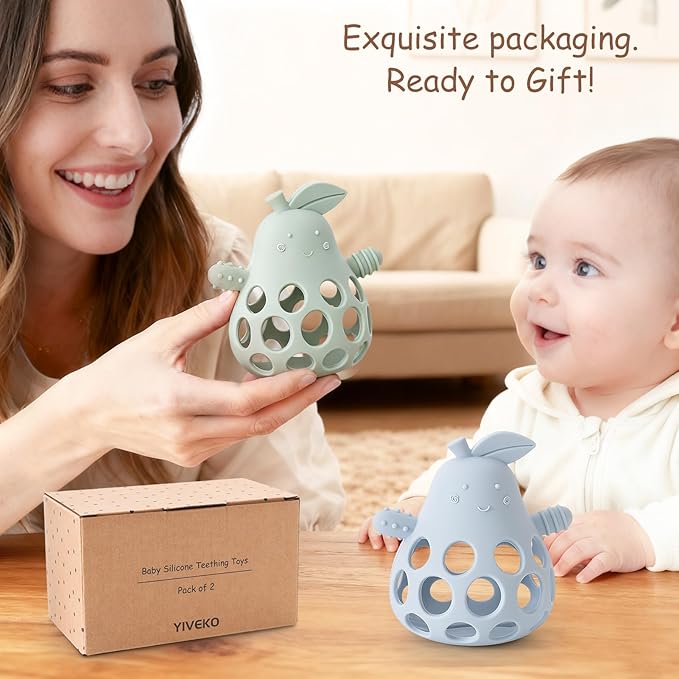 Baby Teething Toy Silicone Teether for Infants, Pear-Shaped Design with Easy-Grip Hole and Nipple-Shaped Ends for Gum Massage & Sensory Development, BPA-Free Safe Baby Chew Toy YIVEKO-Ivory+Blue
