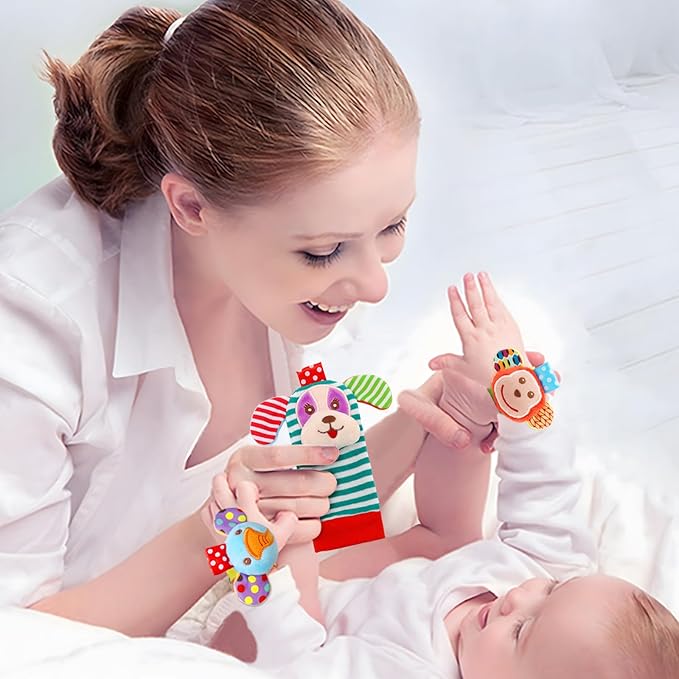 Infant Rattle Toys 0 to 3 Years, Baby Wrist Rattle Foot Finder Socks Set, Birthday Holiday Present for Newborn Boy Girl 0/3/4/6/7/8/9/12/18/24/36 Months Kids Toddler, Gift Box Package (4A-Pink)