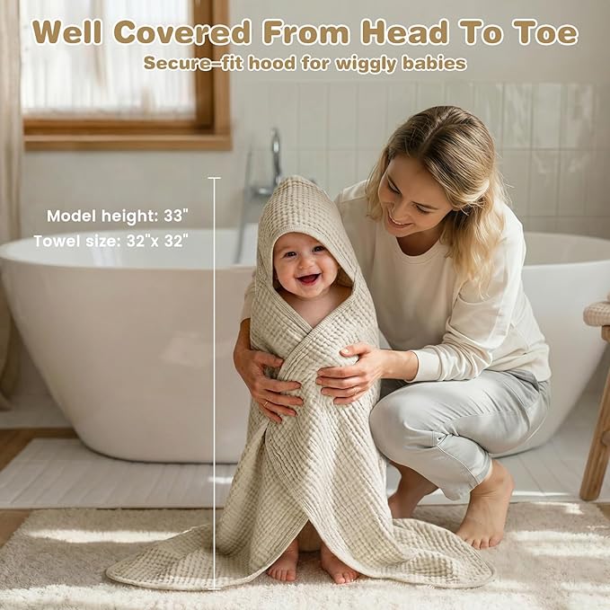 Hooded Baby Bath Towels for Newborn, 2 Pack - 6-Layer 100% Muslin Cotton, Soft Absorbent Baby Towels with Hood for Babies, Infants & Toddlers, Large 32x32 Inch Unisex Newborn Baby Bath Essentials