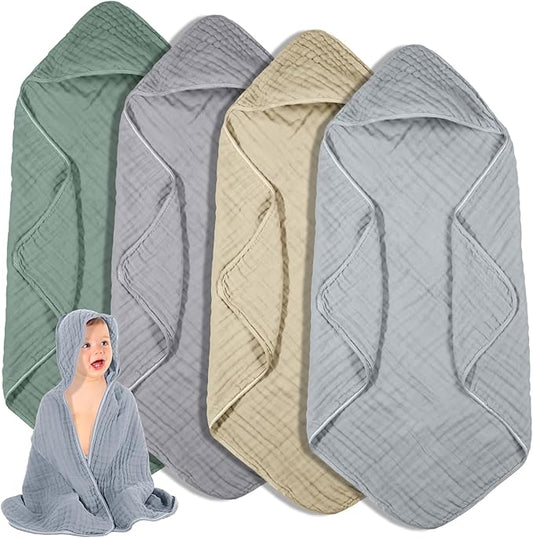 Peryiter 4 Pcs Muslin Hooded Baby Towels, 32"x 32" Cotton Newborn Bath Towel Muslin Infant Baby Blankets Absorbent Unisex Newborn Registry Gift Essentials for Girls Boys (Green,Gray,Brown,Blue)