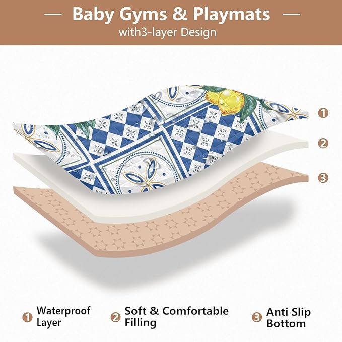 Baby Play Mat Geometric Lemons and Ceramic 50 x 50 Playpen Mat Baby Play Mats for Floor Play Gym Crawling Mat Non-Slip Cushioned Baby Playmat for Infants, Babies, Toddlers