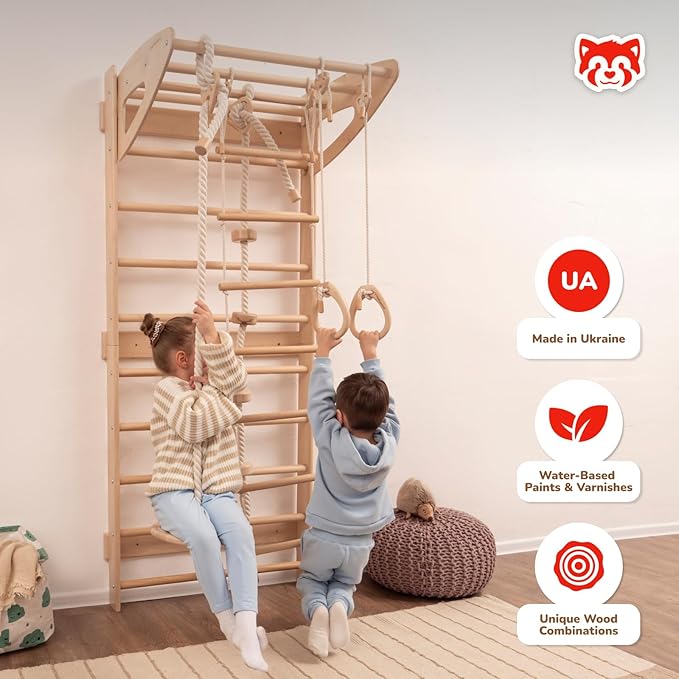 Woodandhearts Swedish Ladder for Kids with Rope Accessories - Indoor Jungle Gym, Indoor Jungle Gym for Kids Ages 3-16, Indoor Climbing Gym (Swedish Ladder of 2 Parts(Natural Wood Color))