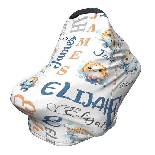 Personalized Baby Car Seat Cover with Name Stroller Canopy Custom Pufferfish Carseat Cover Newborn Baby Boy Girl Nursing Cover for Moms First Birthday Gift