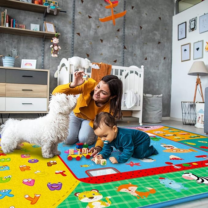 Baby Crawling Mat,Baby Play Mat for Floor,Large Cotton Educational Tummy Time Mat, Foldable Non-Slip Super Soft Padded Baby Playmat for Playing Area Rug Gym Activity for Infants Toddlers Boys Girls
