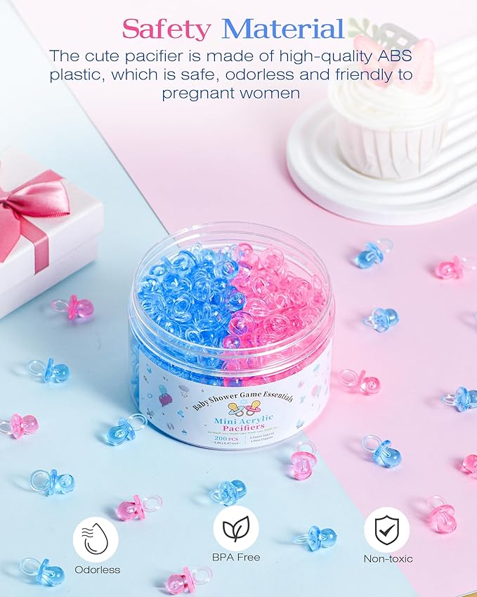 200 Pcs Mini Pacifiers Baby Shower Games, 0.86'' Acrylic Pacifiers in Clear Jar, Chupones para Baby Shower Pacifier for Party Favors, Table Scatter, Gender Reveal Decoration DIY Craft(Blue&Pink)