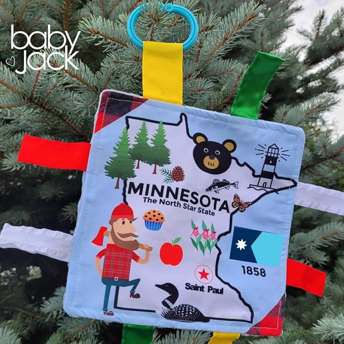 Baby Jack & Co 8x8” Learning Lovey Minnesota State Tag Stroller Toy for Babies - Crinkle Toys for Developing Five Senses - Learn About Capitals - Travel with Baby Jack - BPA Free Clip