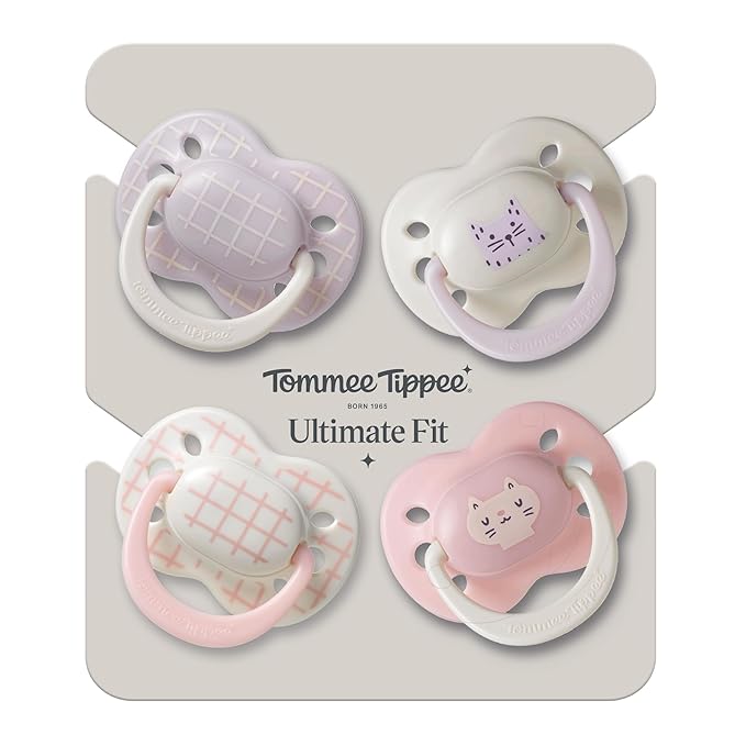 Tommee Tippee Ultimate Fit Newborn Pacifiers, 0-6 Months, Extra Air Holes, Symmetrical Nipple and Shield, 100% BPA Free Silicone, Dishwasher & Sterilizer Safe, Pink and Beige, Pack of 4
