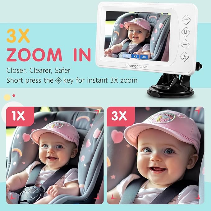 S100P Baby Car Camera with Ultra Night Vision, 5'' HD 1080P IPS Baby Car Monitor with 3X Zoom, Backseat/Carseat/Rear Seat Camera USB, Easy No-Damage Install, Safety for Infants and Pets (5 inch White)