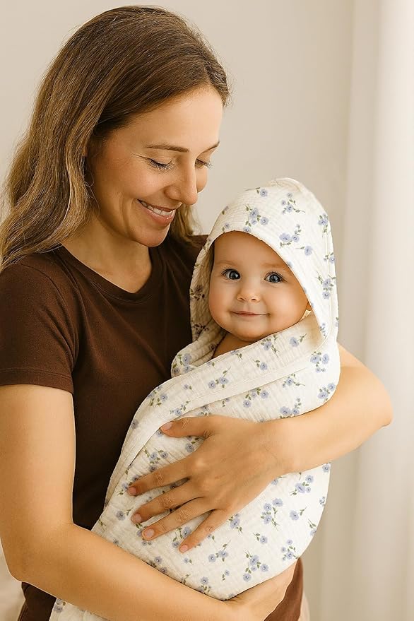 Hooded Baby Towels 2 Pack, Muslin Baby Bath Towels with Hood for Newborn Infant and Toddler, Soft Breathable & Absorbent, 32" x 32" (Petal - Leaf, Heavyweight)