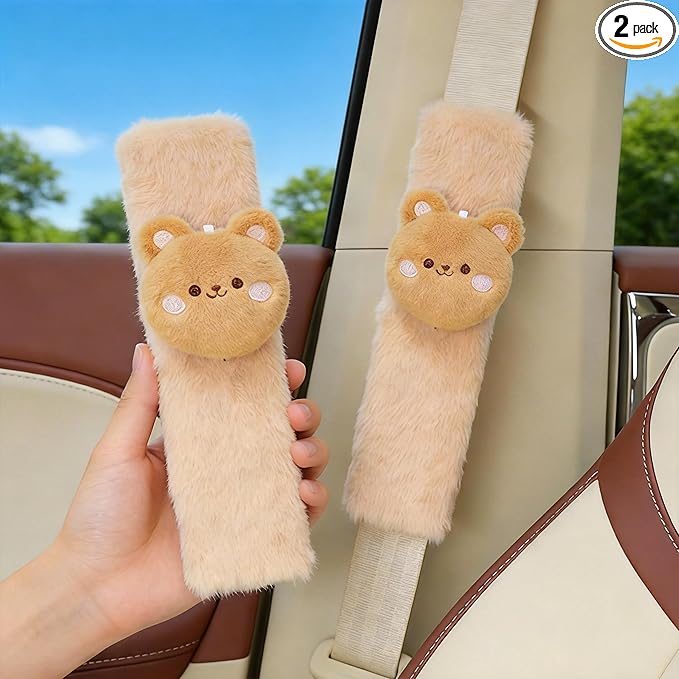 2 PCS Seat Belt Cover Pad, Cute Kawaii Animal Bear Seatbelt Covers for Kids and Adults, Winter Plush Fluffy Soft Seat Belt Cover, Cartoon Seatbelt Cushion,Car Seat Strap Pads (F-Bear)