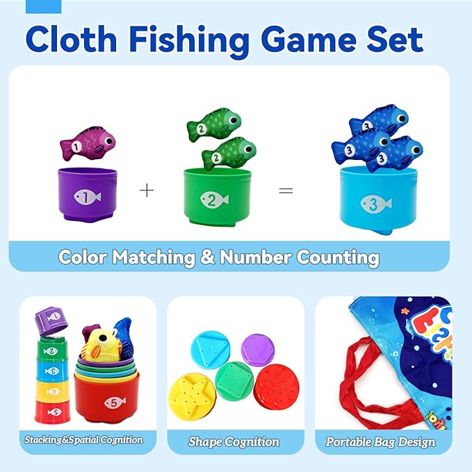 Count Learning Montessori Toys for Toddlers 3 Year Old Cloth Toddler Fishing Game with Stacking Cups,Baby Toy 12-18 Months 1 2 Year Old Boy Girl Gifts (Fish)