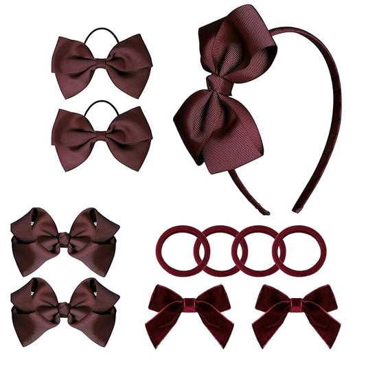 baotongle 11pcs Wine Red School Hair Accessories Set Uniform Hair Bow Headband Clips Hair Ties Curly Bows for Little Toddler School Girls(Wine Red)