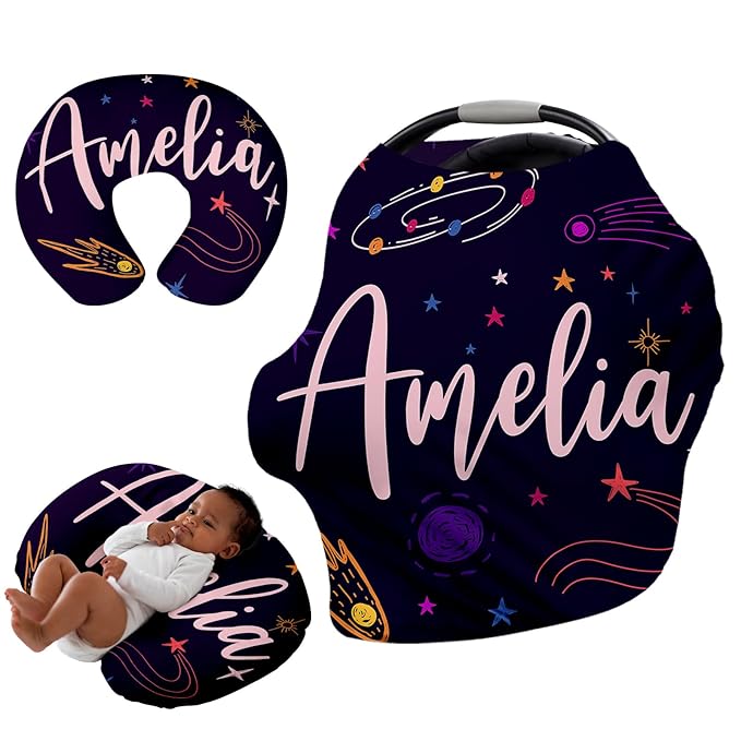 Personalised Car Seat Cover for Babies - Multi-use Carseat Canopy Cover with Name, Deep Purple Star Car Seat Covers, Christmas Birthday Gifts for Infant Boys and Girls
