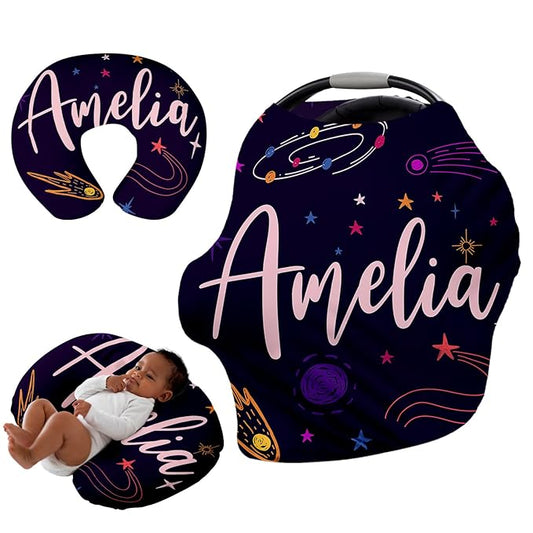 Personalised Car Seat Cover for Babies - Multi-use Carseat Canopy Cover with Name, Deep Purple Star Car Seat Covers, Christmas Birthday Gifts for Infant Boys and Girls