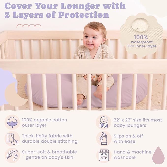 100% Waterproof Baby Lounger Cover - 2-Ply Organic Cotton Slipcovers Keep Your Lounger Clean & Your Baby Comfy - Machine Washable - (Cover for Snuggle Me) - Lavander