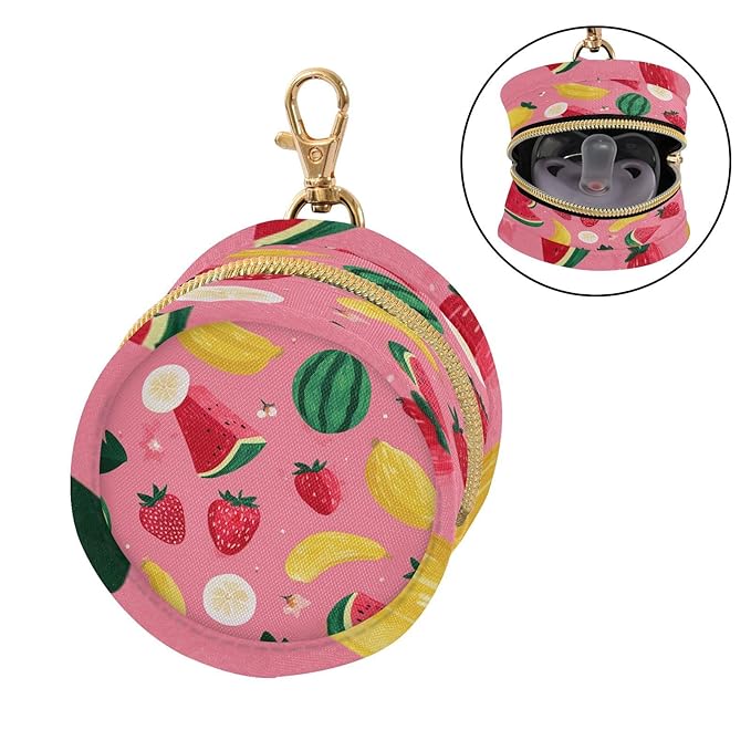 Pacifier Holder with Clip Pacifier Case for Diaper Bag Round Baby Pacifier Pouch Box Bag Portable Pink Watermelon Strawberry and Banana