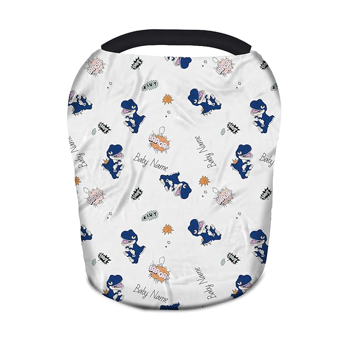 Personalized Cartoon Dinosaur Car Seat Covers with Name, Custom Nursing Cover Breastfeeding Scarf Soft Breathable Stretchy Coverage, Infant Stroller Cover for Boys Girls