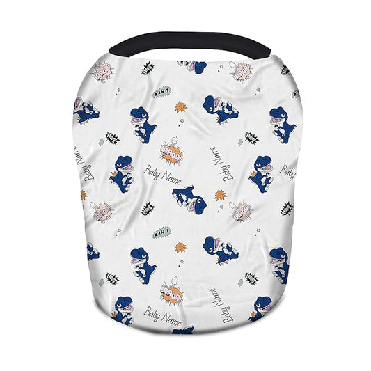 Personalized Cartoon Dinosaur Car Seat Covers with Name, Custom Nursing Cover Breastfeeding Scarf Soft Breathable Stretchy Coverage, Infant Stroller Cover for Boys Girls