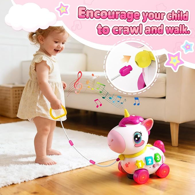 Bilingual Musical Crawling Toy for 1 Year Old Girl Gifts,Musical Unicorn Toys for Baby 6-12 Months,Baby Toys 6-12-18 Months,Toddler Educational Toy,Birthday Gifts with Music Light,Baby