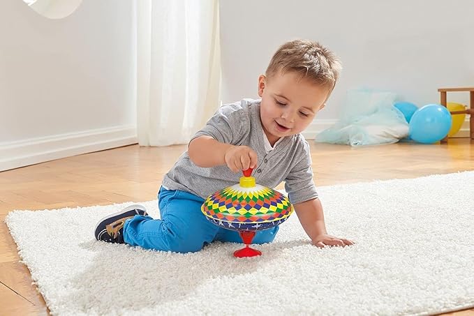 Lena 52225 Bolz Humming Multicoloured 19 cm, Sheet Metal Swing, Classic Pump Spinner, tin Colourful Motif, Stand, Toy Spinning top for Children from 18 m, L/B/H: 19 x 19 x 21 cm