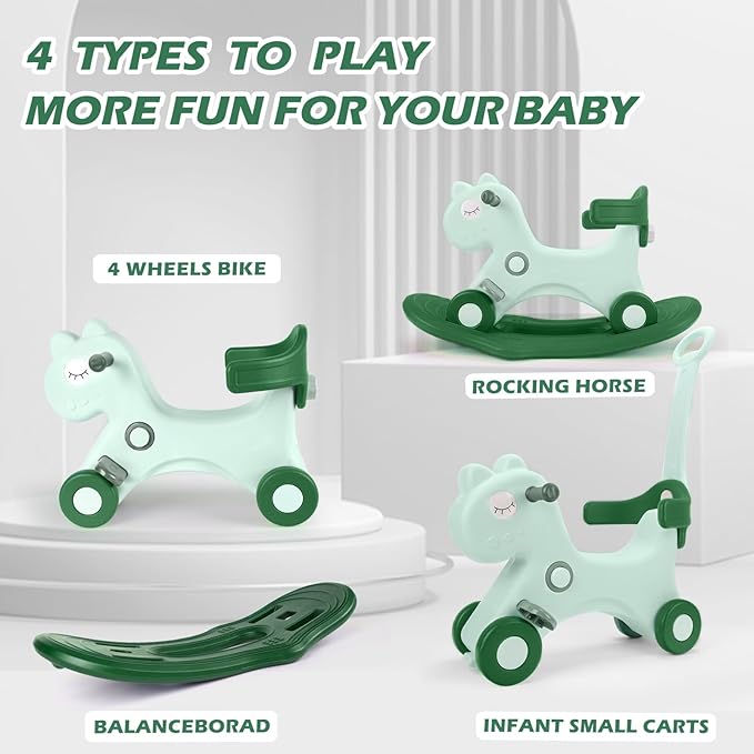 4 in 1 Rocking Horse for Toddlers 1-3 Years Old, Baby Rocking Toy Fun Birthday Gift for 1+ Kids, Ride on Toy with Detachable Balance Board and Footrest，Balance Bike with Push Handle(Green)