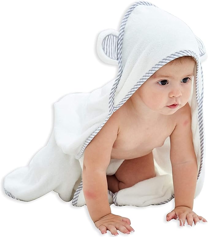 HIPHOP PANDA Hooded Towel - Rayon Made from Bamboo, Bath Towel with Bear Ears for Newborn, Babie, Toddler, Infant - Absorbent Large Baby Towel - White, 30 x 40 Inch