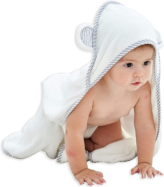 HIPHOP PANDA Hooded Towel - Rayon Made from Bamboo, Bath Towel with Bear Ears for Newborn, Babie, Toddler, Infant - Absorbent Large Baby Towel - White, 30 x 40 Inch