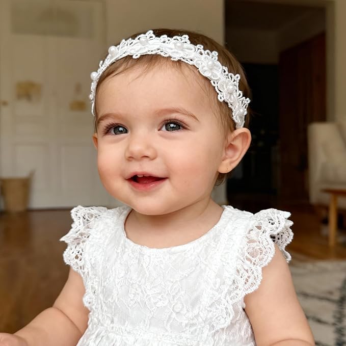 Baby Girls Hairband White Bow Lace Headbands Handmade Soft Stretchy Wide Head Band Newborn Hairbands with Bows Pearls Elastic Headband for Infant Hair Accessories (Pearl flowers)