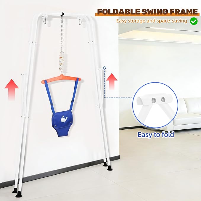 Baby Jumper with Stand, Foldable Activity Jumper for Infants, Height Adjustable Baby Bouncer No Doorway Needed Toddler Jumper, Portable Indoor Outdoor Baby Activity Center for 6-12 Months (Blue)
