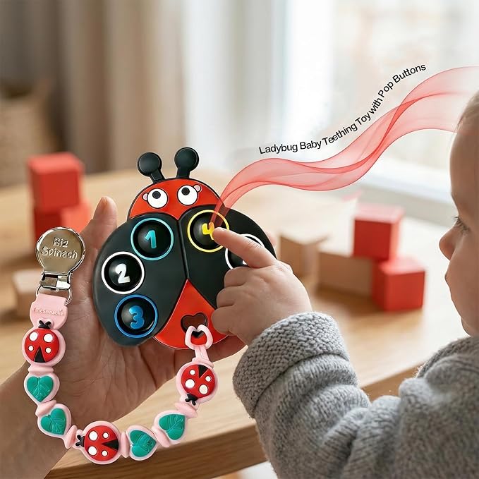 BIGSPINACH Teething Toy & Pacifier Clip Set,Ladybug Pop-It Teether & Pacifier Hold,Multi-Textured Chew Toy with Number Buttons for Early Learning, Baby Teething Relief (Black+Pink)
