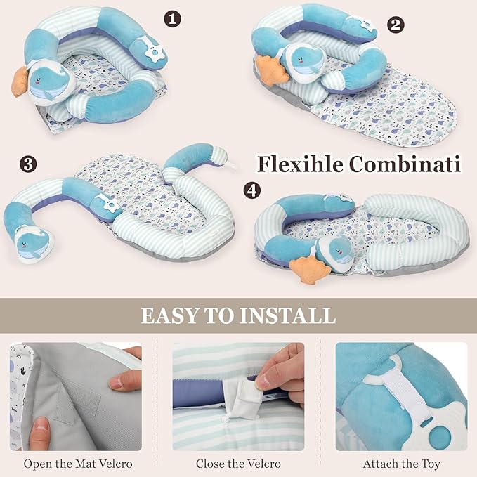Foryoomi 4 in 1 Tummy Time Mat with Educational Cards, Play Mat & Sitting Support for Newborn 0-12 Months, Infant Baby Sit Me Up Floor Seat, Sensory Skills Gifts, Blue Whale