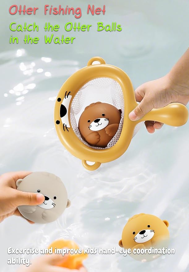 Otter Bath Toy, Otter Family Tub Toy Bathtub Floating Toy for Kids - Soft Vinyl and ABS Plastic Material - No Hole One-Piece Design (Otter Playset + Baketball Hoop + Fishing Net + 2 Balls)