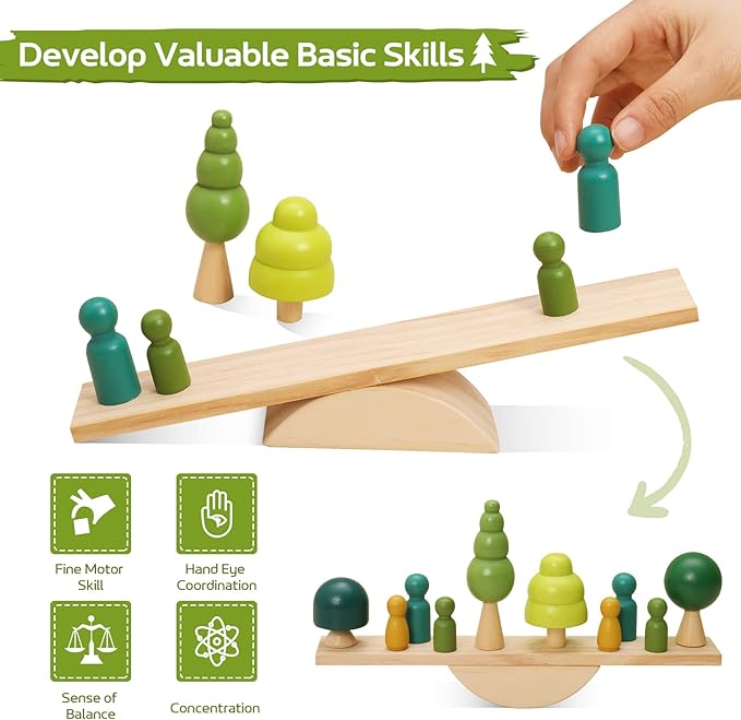 Promise Babe Wooden Tree Toys Balance Toys Wooden Peg Dolls Preschool Learning Educational Montessori Toys, Natural Woodland Trees Creative Accessories for Home Decor