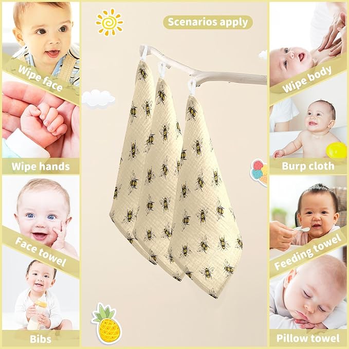 Newborn Face Towel Bee Soft Cotton Baby Washcloths 11.8 x 11.8 Inch Infants Girls Boys Muslin Burp Cloths 5 Pack