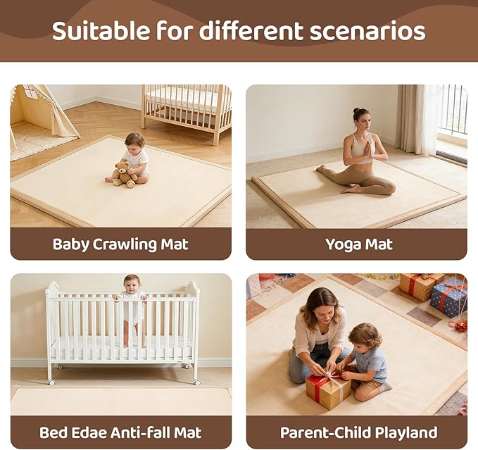 Baby Play Mat for Floor, 1.3 Inch Thick Memory Foam Tummy Time Mat with Non Slip Backing, Soft Coral Velvet 59X79 Inch Playpen Mat Crawling Tatami for Infants Toddlers Kids, Beige