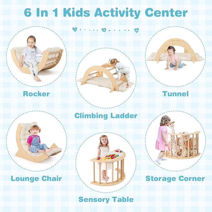 Costzon Wooden Arch Sensory Table for Kids, 6-in-1 Toddler Indoor Montessori Climbing Toys with Cushion, Foldable Storage Bin, Arch Climber Ladder Learning Playset for Kids Gift Presents