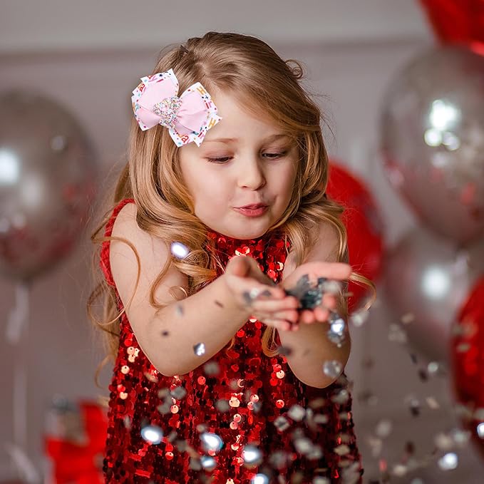 3.5-Inch Happy Birthday Hair Bow Clips for Girls,Glitter Pink Sprinkle Bow Barrettes Alligator Hairpins,Teens Toddlers Kids 4th Birthday Party Dress outfits Decor Accessories Gift