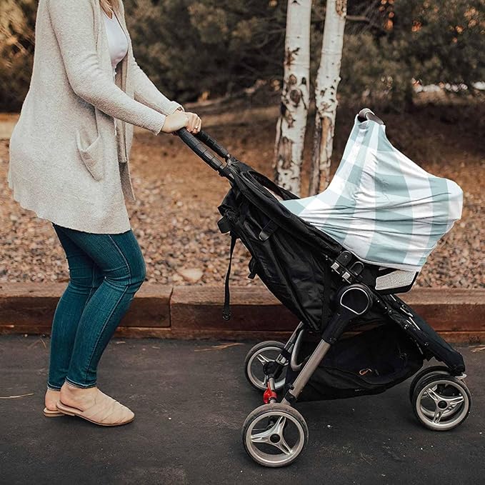 Aqua Blue White Plaid Car Seat Covers for Babies, Modern Geometric Checkered Lattice Nursing Breastfeeding Covers Stretchy Breathable Baby Carseat Canopy Cover for Girls and Boys Shower Gifts