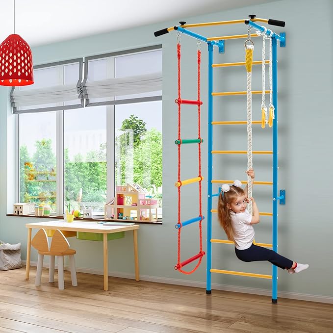 Costzon 5 in 1 Climbing Toys for Toddlers, Indoor Kids Gym for Exercise, Steel Ladder Wall Set with Wall Ladder, Pull-up Bar, Rope, Gymnastic Rings, Solid Wall Set up, Climber Ladder Boys Girls Gift
