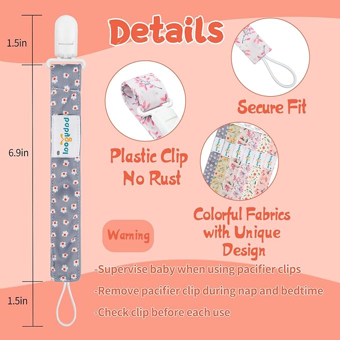 babygoal Floral Pacifier Clips, 6 Pack Binky Paci Holder Clips Leashes Fits for Most Baby Pacifiers and Binkies 6PS21