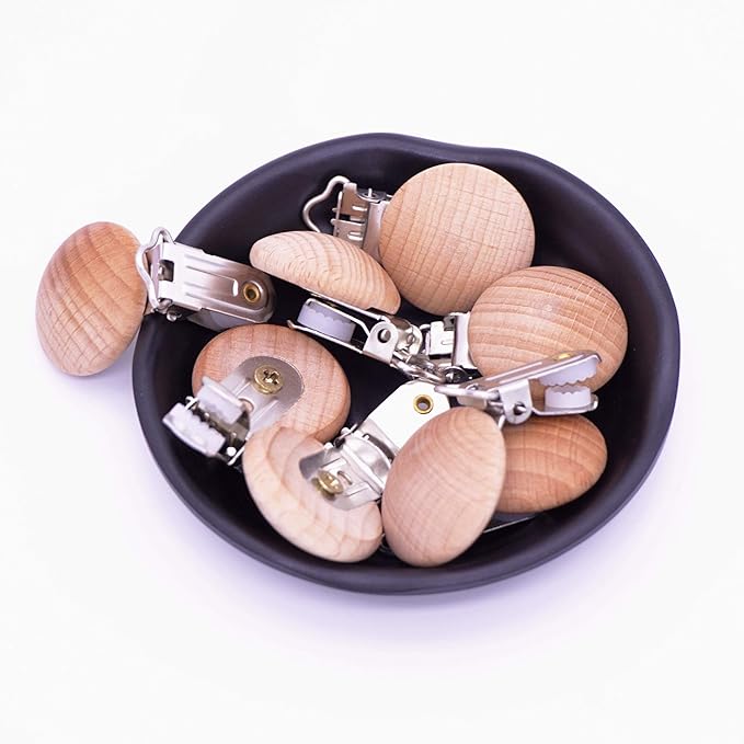 10Pcs 30mm (1.18") Natural Wood Pacifier Holder Round Beech Metal Wooden Pacifier Clip Suspender Clips DIY Pacifier Chain Accessories