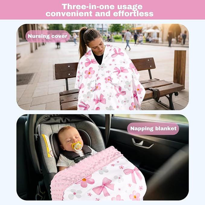 Hooyax Peekaboo Car Seat Cover for Baby Girl - Warm Minky Carseat Canopy with Adjustable Opening, Universal Fit for Infant Car Seats & Strollers, Soft Nursing Cover & Blanket (Pink Bow)