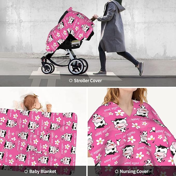 Personalized Naughty Cow and Flower Pink Baby Infant Car Seats Canopy for Babies with Name, Custom Car Seat Covers for Baby Girls, Peekaboo Minky Nursing Breastfeeding Stroller Canopies for Newborn