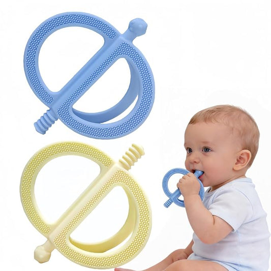 2-Pack Baby Teething Toys, Food Grade BPA-Free Silicone Baby Teether for 3-18 Months, Ring-Shaped Teething Toy for Babies, Multi-Textured Choke-Proof Easy Grip Teether for Infants (Blue&Yellow)