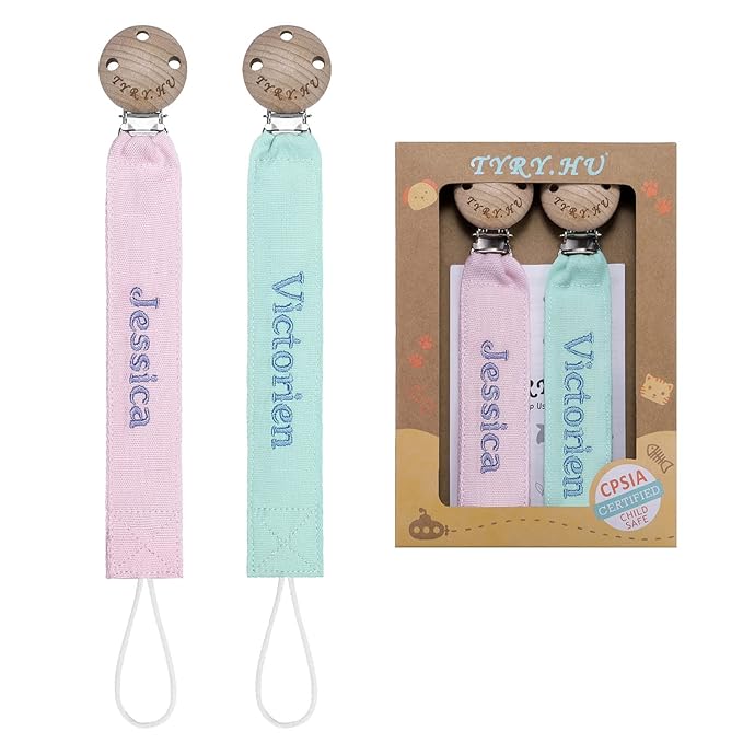 TYRY.HU Personalized Pacifier Clip with Name, Embroidery Ribbon Pacifier Holder for Baby Girls and Boys, Neutral Pacifier Leash Universally Fit All Pacifiers, 2 Pack Baby Gift(Pink, Green)